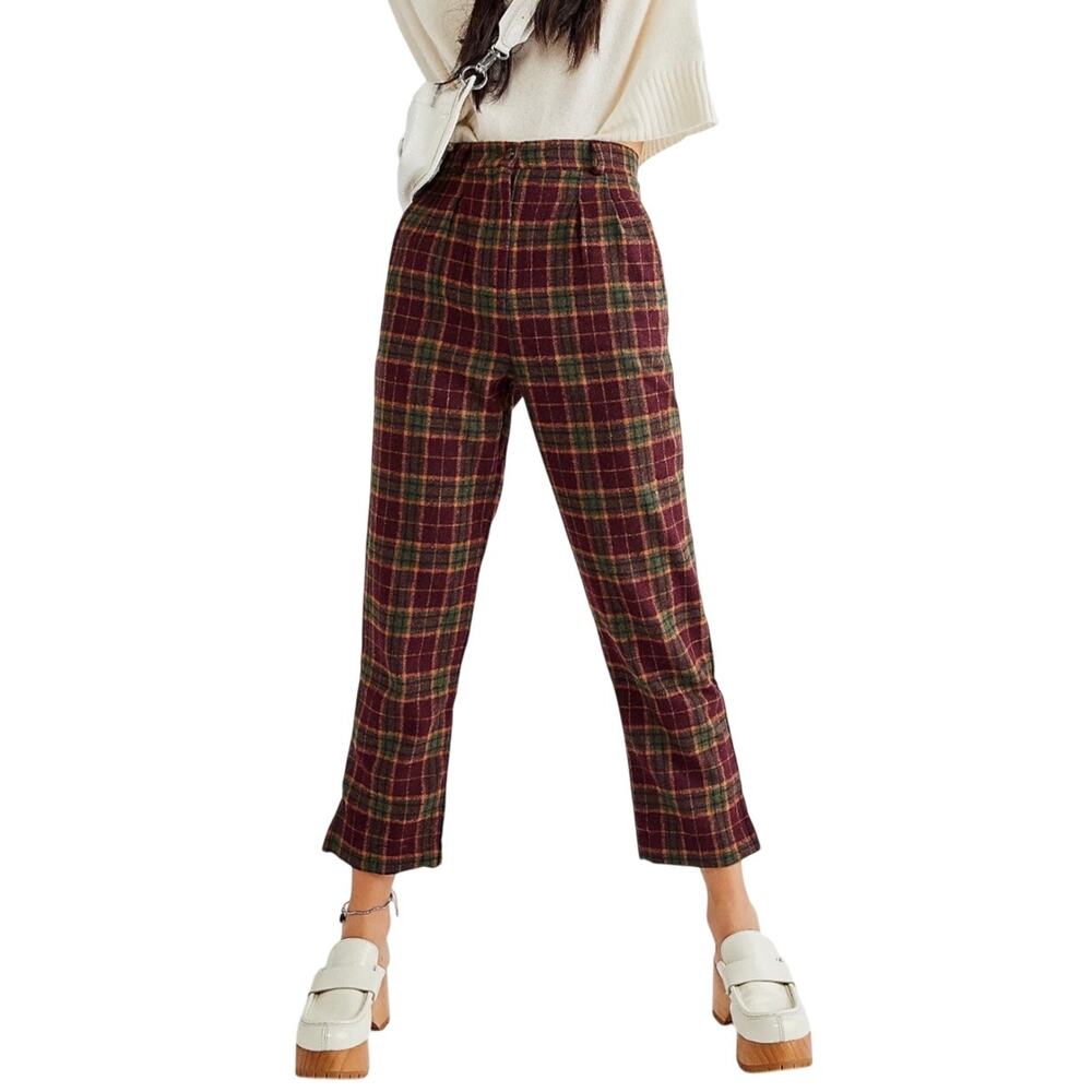 Free People Pastiche Polo Flannel Pants Women’s M Autumn Plaid High Waist EUC
